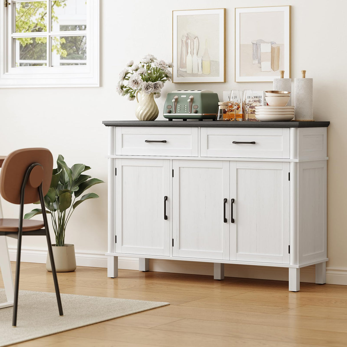 48 Inches Buffet Cabinet with Storage, Farmhouse Sideboard Buffet w/2 Drawers and 3 Doors, Wood Coffee Bar Cabinet with Adjustable Shelves, Sideboard Storage for Kitchen, Living Room, Off White&Black ONBRILL