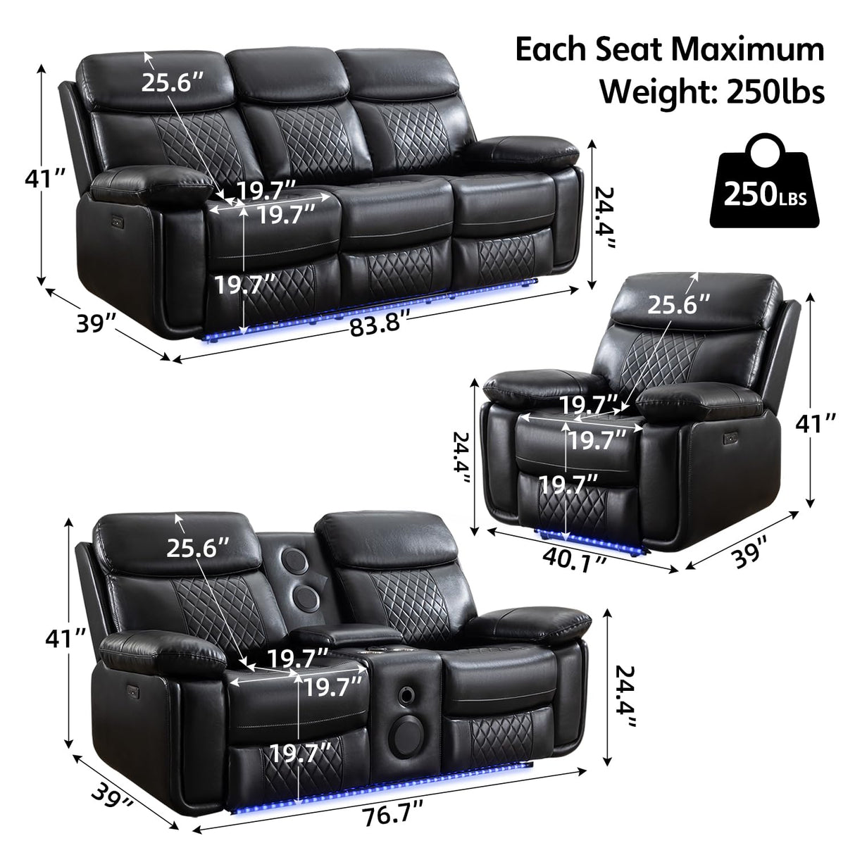 Power Recliner Sofa Set 3 Piece with Bass Speakers for Living Room,Faux Leather 3 Seater Reclining Couch with Wireless Charger and Loveseat Theater Seating,Electric Recliner Chair with LED Light,Black Comfort Stretch