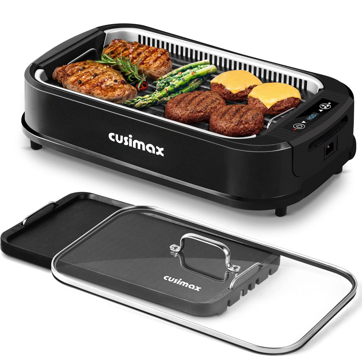 Indoor Grill, CUSIMAX Smokeless Grill Indoor, 1500W Electric Grill Griddle Korean BBQ Grill with LED Smart Display & Tempered Glass Lid, Non-stick Removable Grill Plate & Griddle Plate, Black CUSIMAX