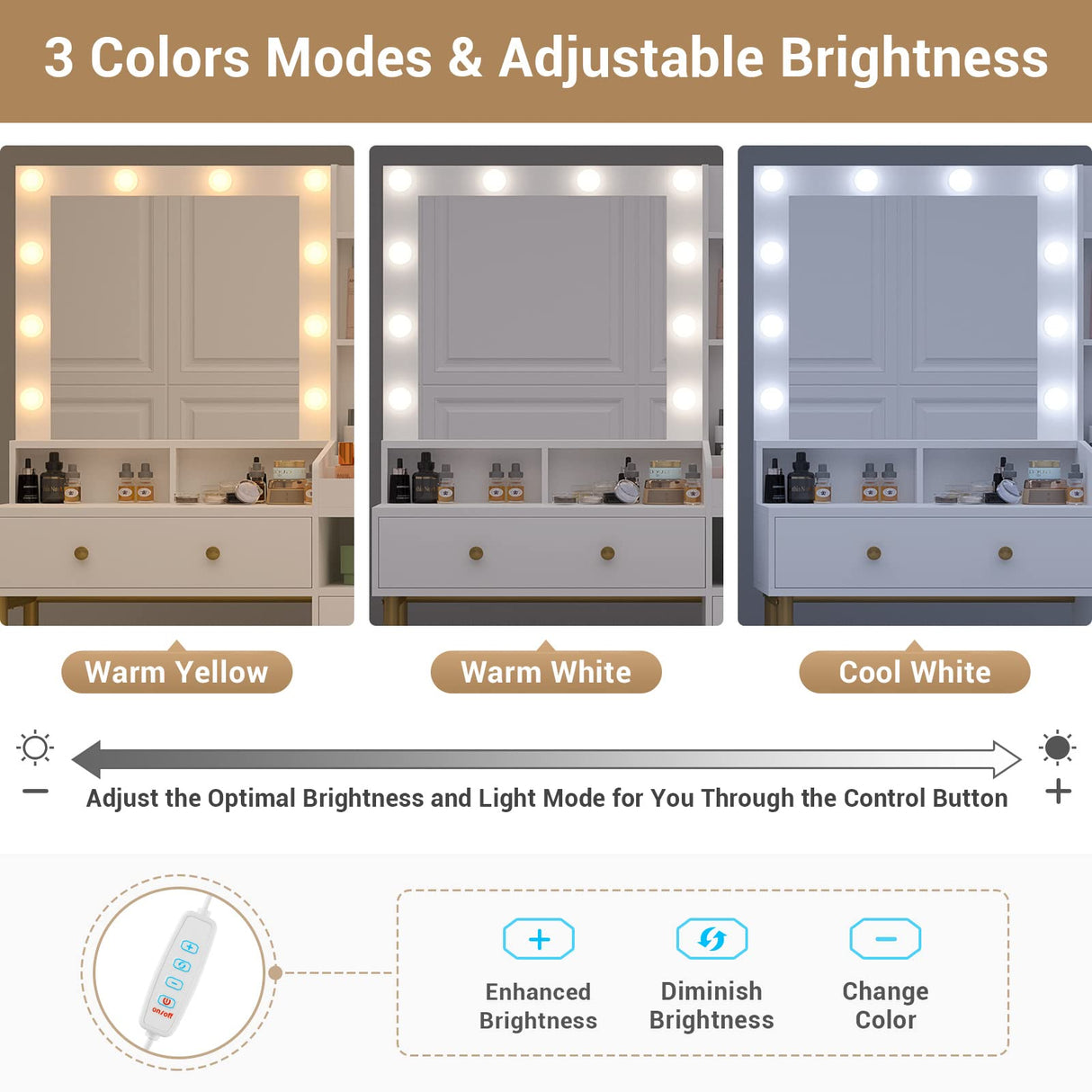 AOGLLATI Makeup Vanity with Lights in 3 Colors, Vanity Desk with Mirror and Lights, White Vanity Table with Charging Station, Makeup Desk with Unique Separation Design AOGLLATI