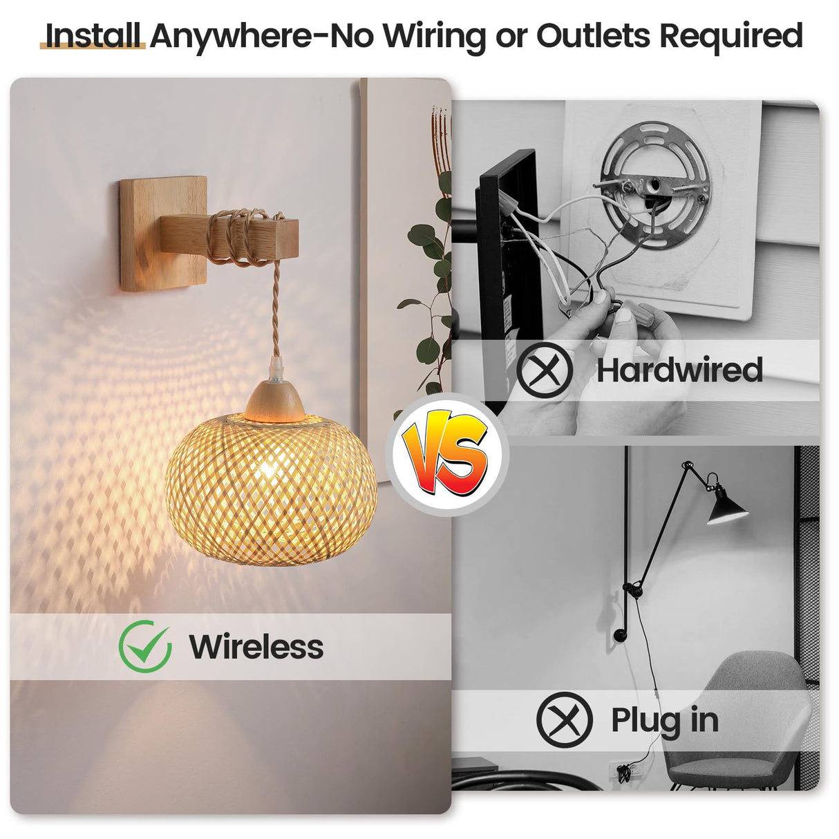 Battery Operated Wall Sconce Set of Two, Wireless Rechargeable Wall Lights, Rattan Wall Lamps with Remotes and Dimmable RGB LED Bulbs, Indoor Boho Wood Sconces Wall Decor for Bedroom Living Room MANGINY