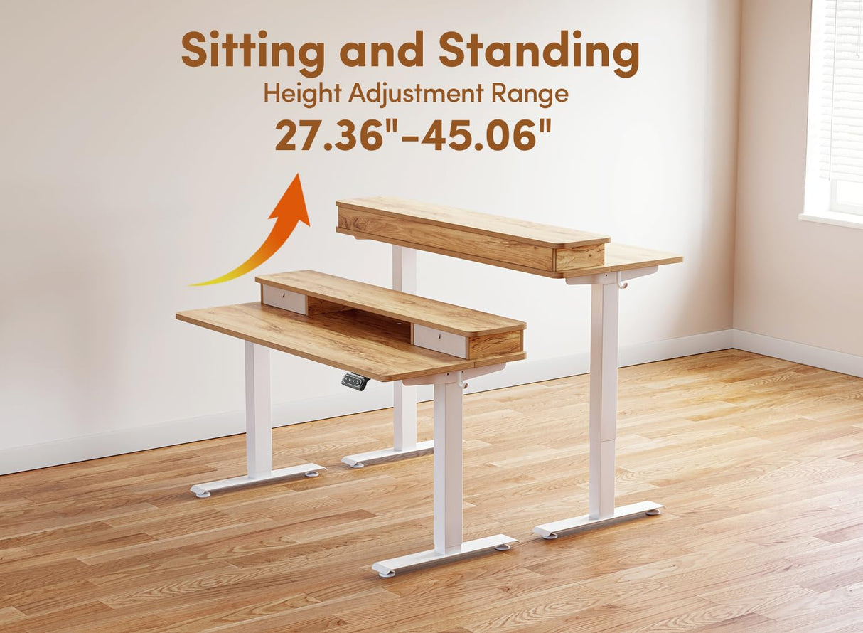 BANTI 55x24 Inch Electric Standing Desk with Double Drawers, Adjustable Height Stand Up Desk, Sit Stand Home Office Desk with Storage Shelf, Light Rustic Brown Top BANTI