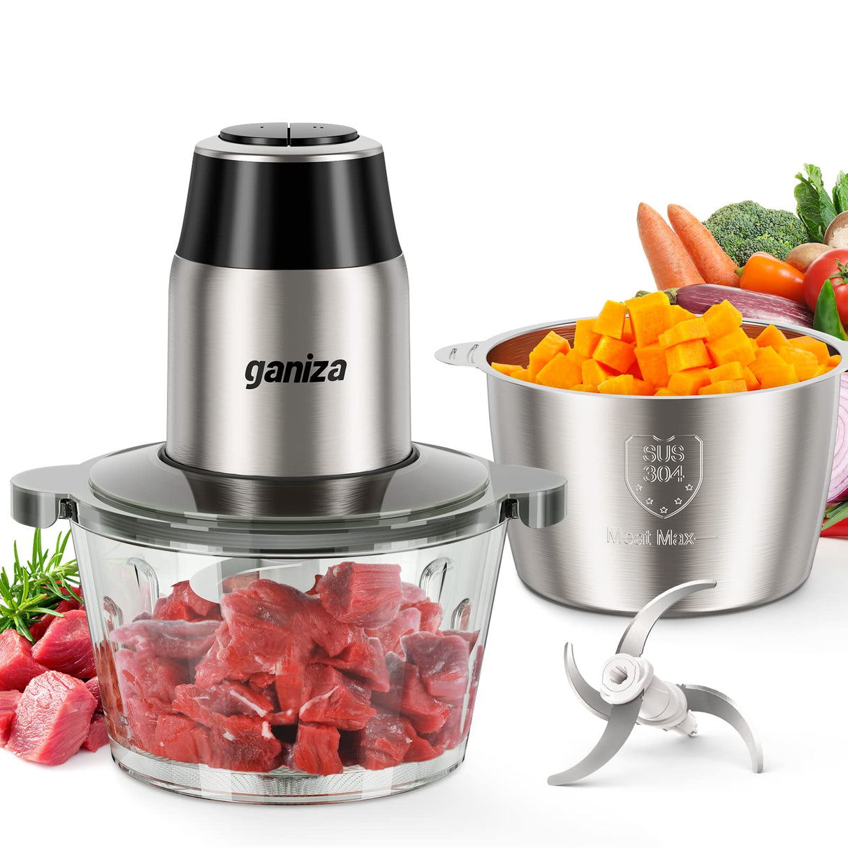 GANIZA Food Processors, Electric Food Chopper with Meat Grinder & Vegetable Chopper - 2 Bowls (8 Cup+8 Cup) with Powerful 450W Copper Motor - Includes 2 Sets of Bi-Level Blades for Fruits/Meat/Nuts Ganiza