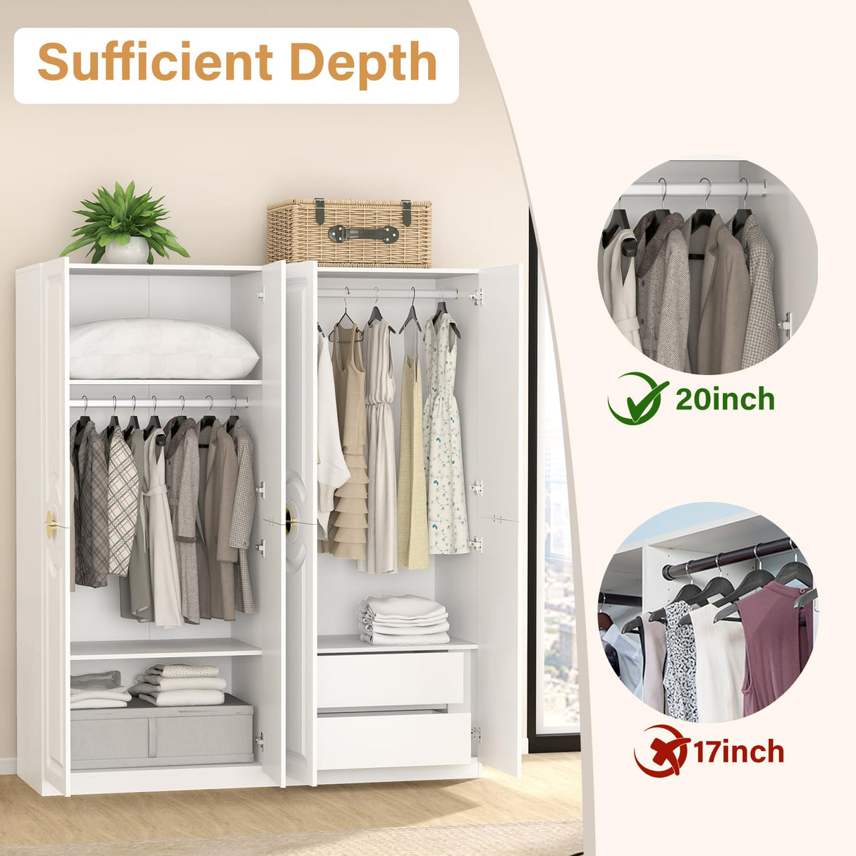 Wakefit Armoire Wardrobe Closet, 4 Doors Wooden Wardrobe Closet Cabinet, 78" Bedroom Armoires with Hanging Rod Shelf, Freestanding Wardrobe Cabinet for Bedroom, Guest Room, White Wakefit