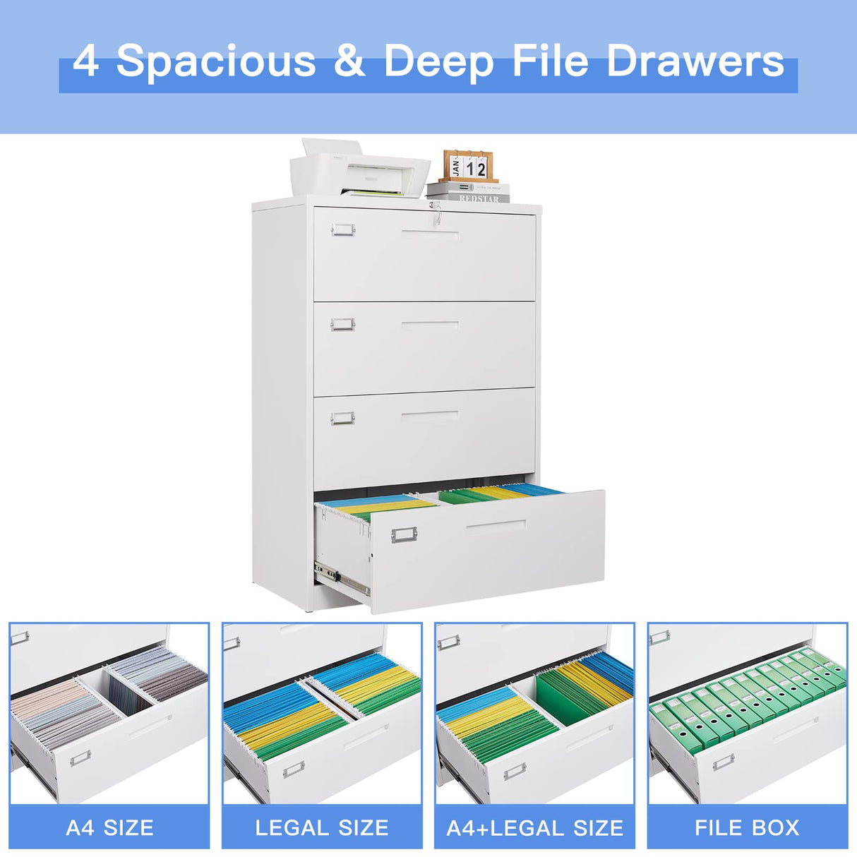 Yizosh 4 Drawer White File Cabinet with Lock, Filing Cabinet for Home Office, Metal Locking Office File Storage Cabinet with Drawers, Lateral Filing Cabinet Organizer for Letter/Legal/F4/A4 Yizosh