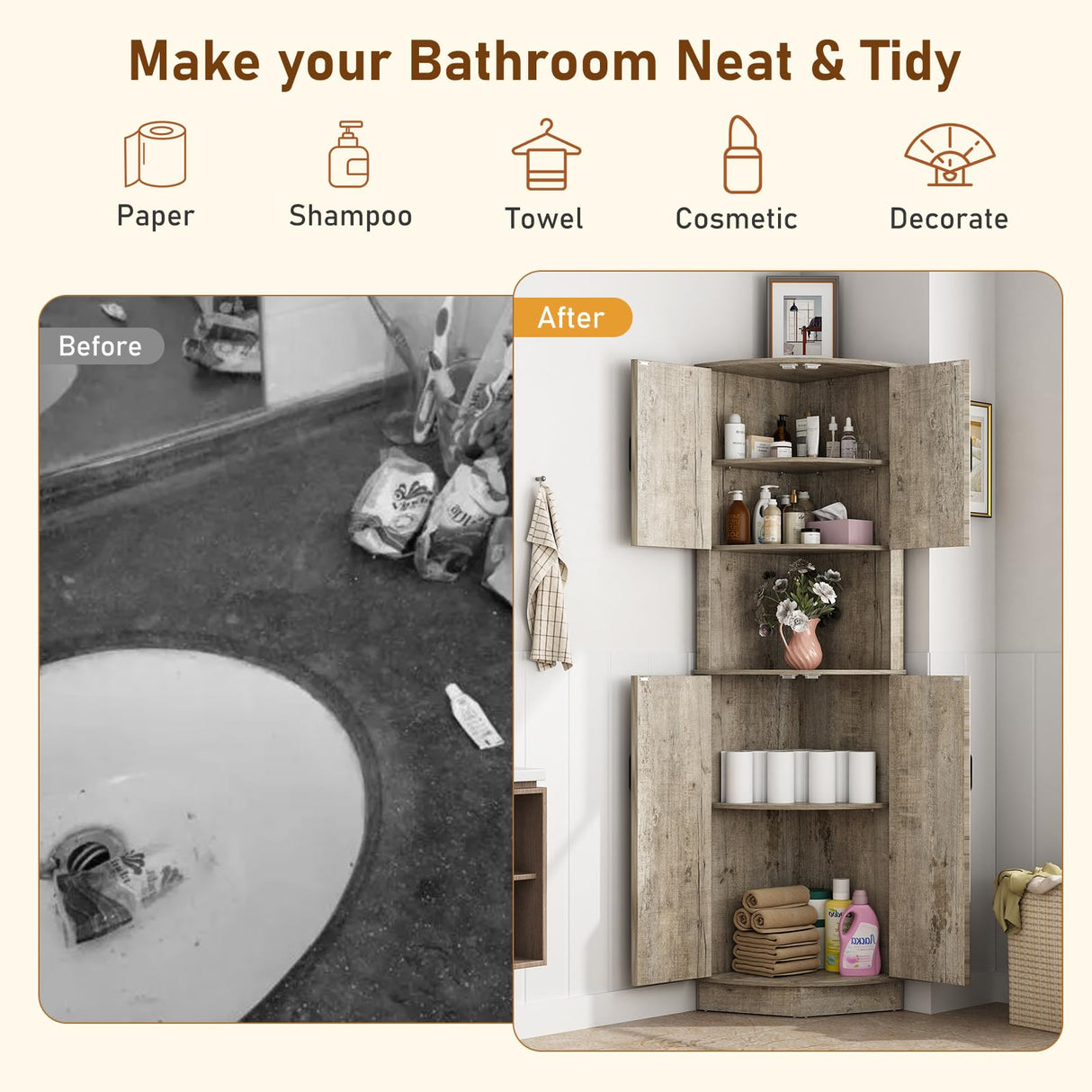 Hlivelood 68" Tall Farmhouse Corner Cabinet, Dining Room Storage Cabinet with 4 Barn Doors and 5 Level Storage with Adjustable Shelves, for Kitchen, Living Room, Laundry Room, Light Rustic Oak Hlivelood