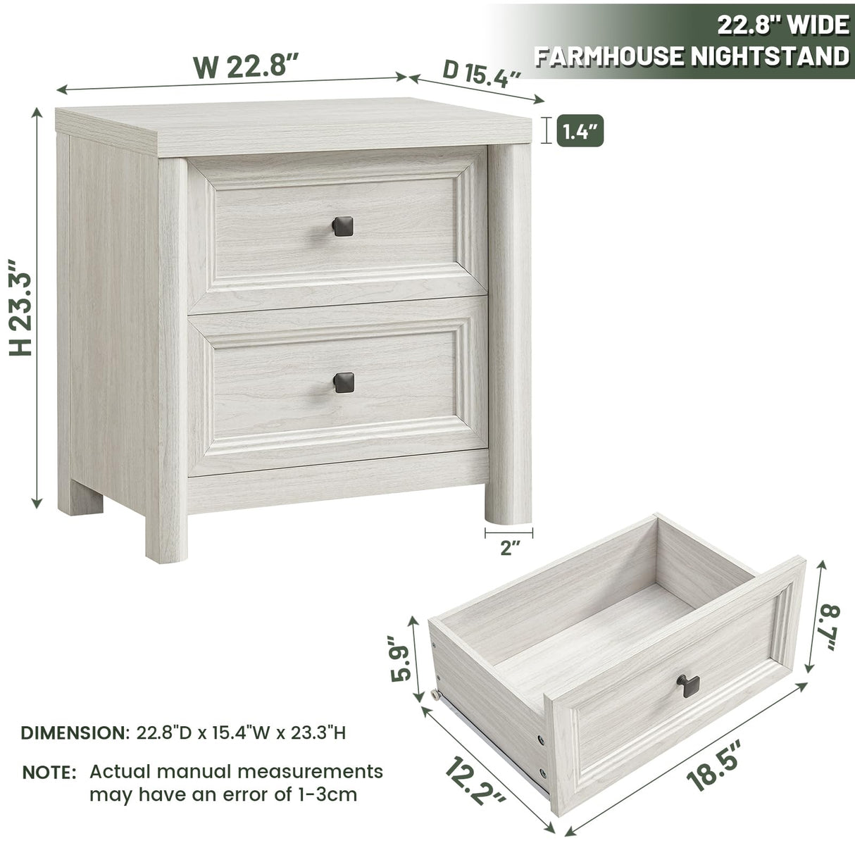 Farmhouse White Night Stands Set of 2, Bedside Tables Nightstands with 2 Drawers Storage, 22.8" Large Rustic Wood Night Stand, Bed Side Table for Bedroom Living Room Sofa Couch Office Standifurno