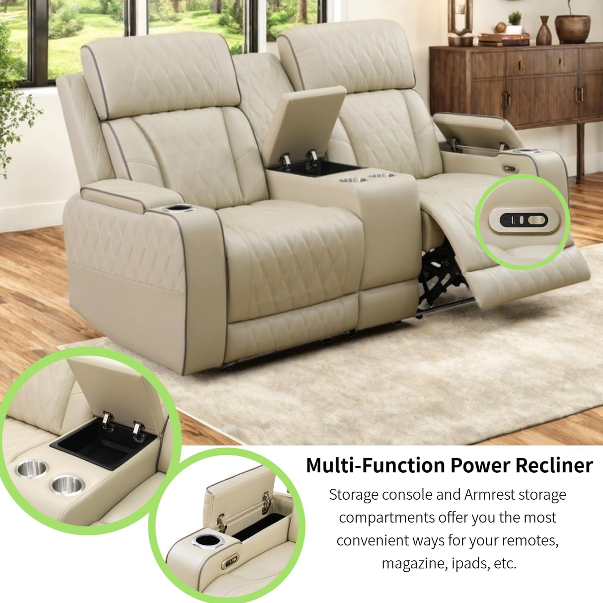 AYCP Furniture Power Recliner Set with LED Lights, Quilted Air Leather Reclining Set with USB Port/Storage/Cup Holder/Reader Light for House/Home Theater/Apt/Rv/Office (Beige, 3PC Full Set) AYCP Furniture