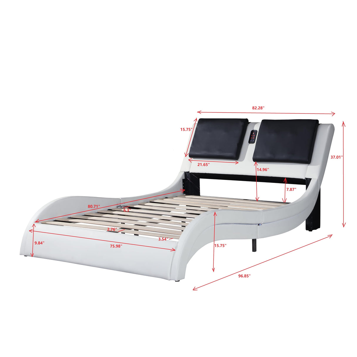 SOFTSEA King Size Upholstered Bed with LED Light and USB Charging Port, Bluetooth Connection, Backrest Vibration Massage, Curve Design, Wood Slat Support, No Box Spring Needed, White SOFTSEA