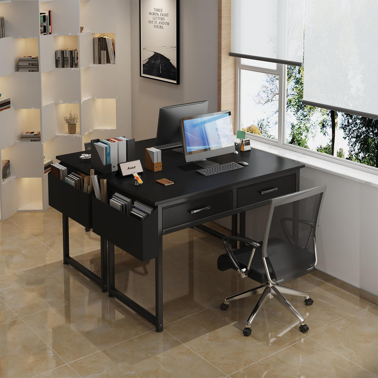 DLisiting Computer Desk with Fabric Drawers for Home Office Bedroom, 40 Inch Small Gaming Desk with 2 Drawers, Study Writing Table PC Desks, Black DLisiting