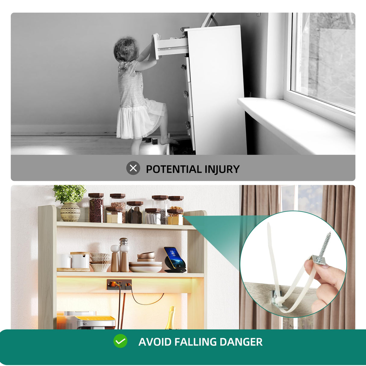 DWVO Kitchen Pantry Cabinet,Microwave Stand with Power Outlet,Food Pantry Hutch with LED Lights,Coffee Bar Cabinet with Storage,Farmhouse Buffet Sideboard with LED Lights, Off White+Walnut Grain DWVO