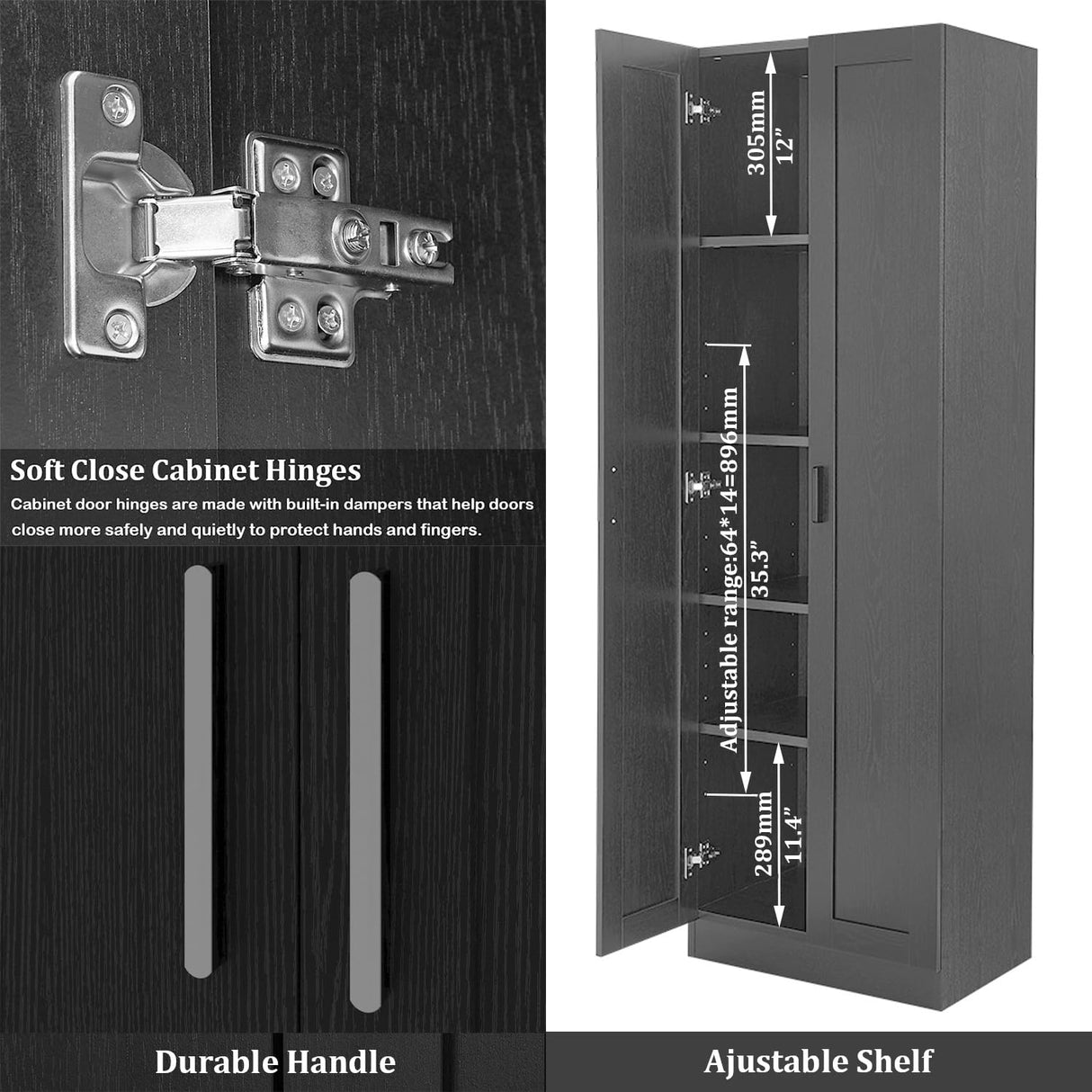 Panana Wooden Tall Storage Cabinet, Collection Food Pantry Cabinet Narrow Cabinet Free Standing with 2 Doors and Shelves (Black-s, 45P) Panana