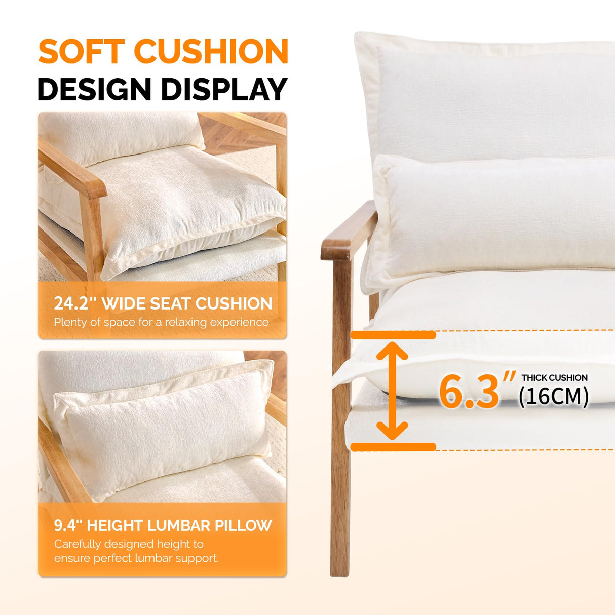 VINGLI Mid-Century Modern Cloud Accent Armchair with Lumbar Pillow, 6.3'' Thick Seat Cushion Comfortable Lounge Chair with Wooden Armrests for Bedroom, Living Room, Reading Room, Beige VINGLI