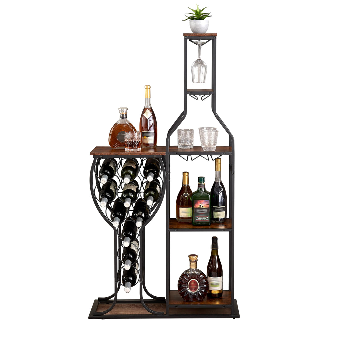 PAUKIN 5 Tier Freestanding Wine Rack with Hanging Wine Glass Holder and Organizer, Wine Storage Home Bar. 11 Bottle Wine Grill for Kitchen, Dining Room., Antique Brown. (Metal & Wood, Antique Brown) PAUKIN