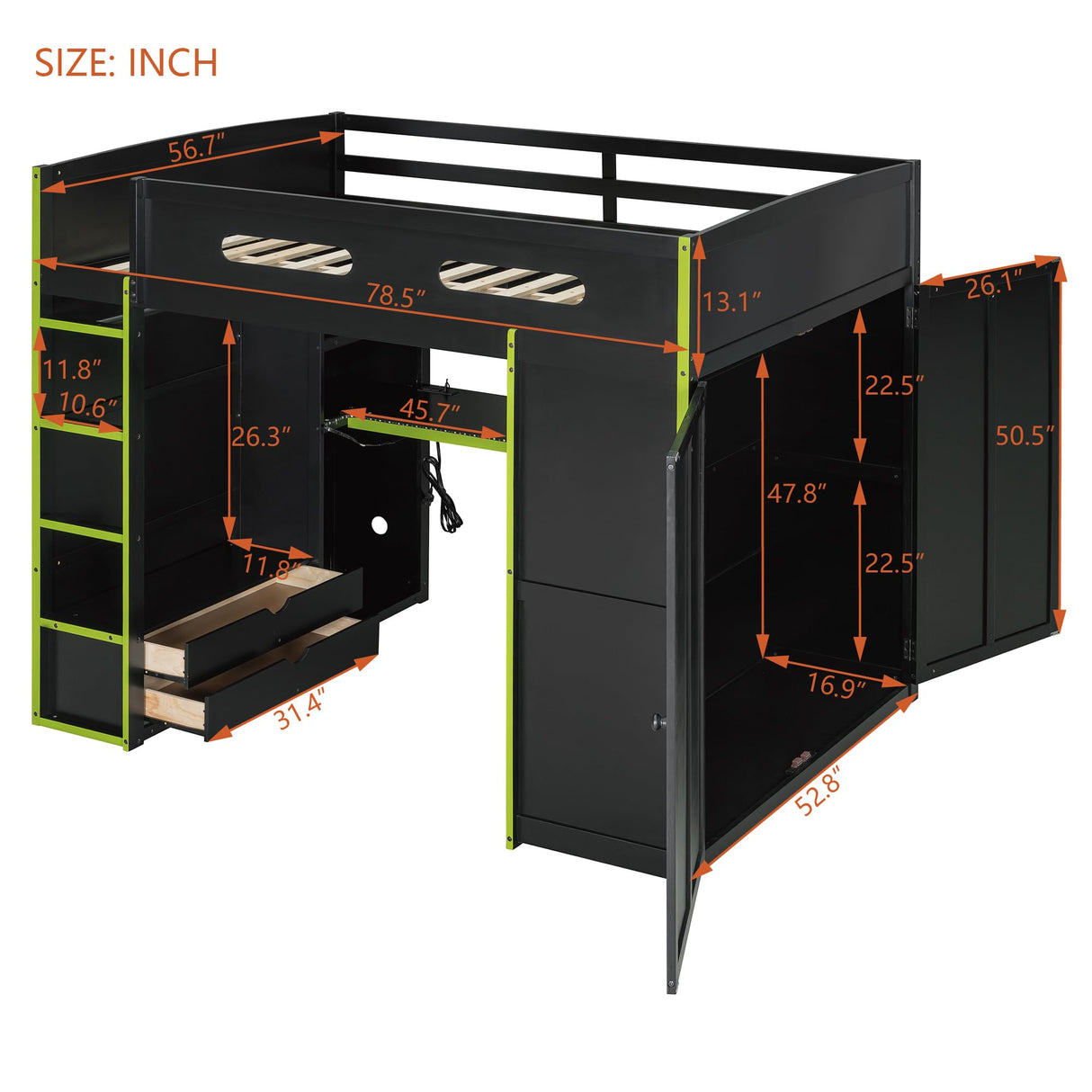 SOFTSEA Full Size Gaming Loft Bed with Desk, Wood Loft Bunk Bed with Wardrobe, Drawers, LED Light & USB Ports, Full Gaming Bed with Desk Underneath and Storage, Green & Black SOFTSEA