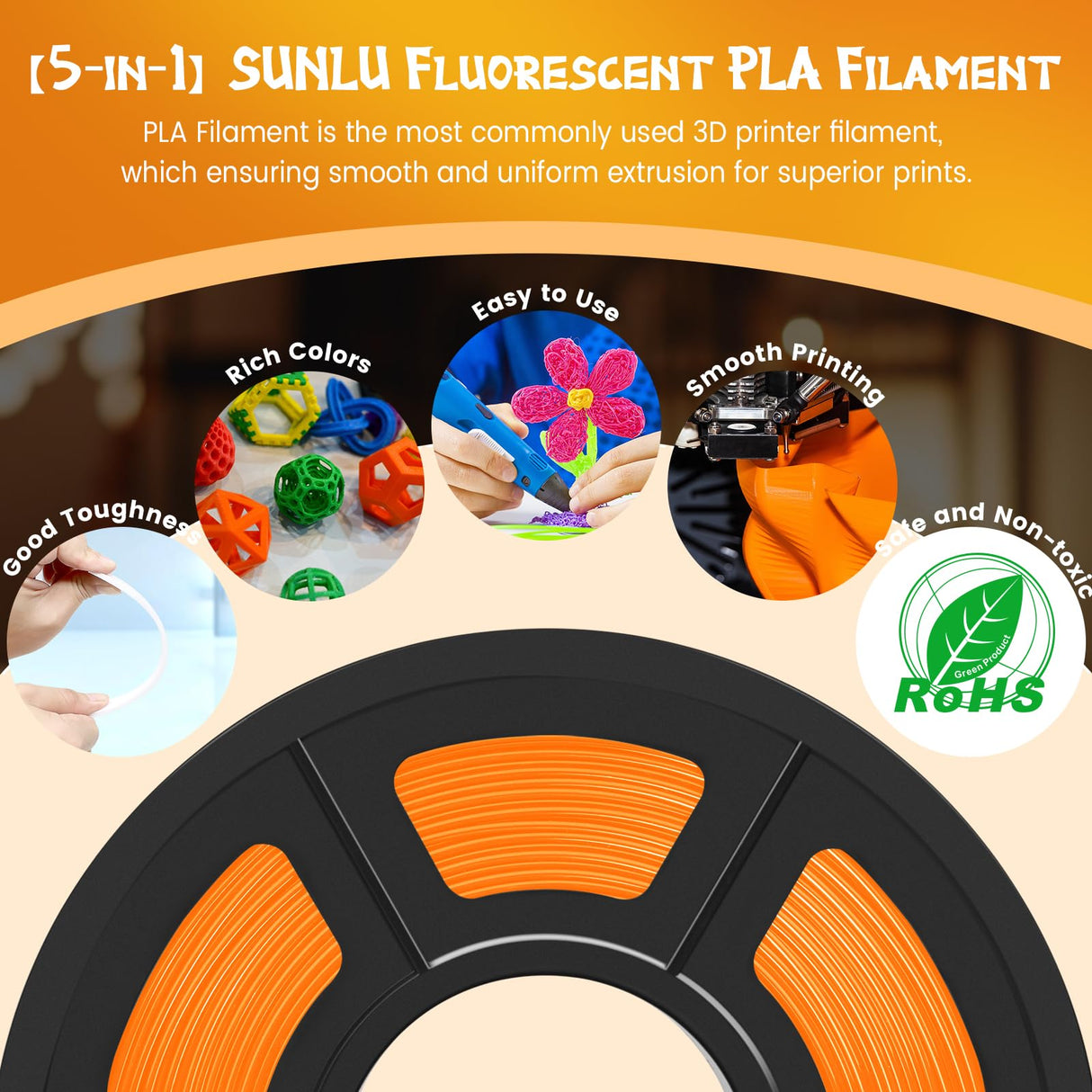 SUNLU 4KG Fluorescent PLA 3D Printer Filament Bundle, PLA Filament 1.75mm, Fit for Most FDM 3D Printer, 1kg Spool, 4Packs, Fluorescent(Purple+Orange+Yellow+Green) SUNLU