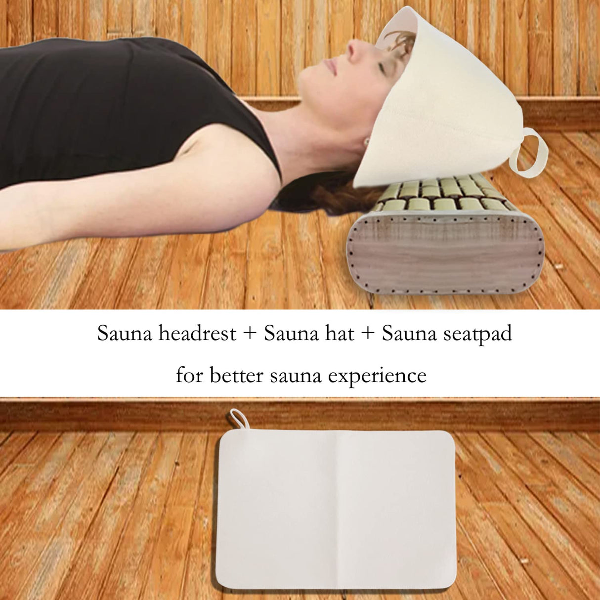 NUIBY Bamboo Sauna Headrest Pillow, 100% Natural Handmade Wood Sauna Pillow Sauna Neck Rest Sauna Accessory, Bonus Sauna Cap and Seat Pad Included, Summer Cool Cervical Spine Pillow (1 Set) NUIBY