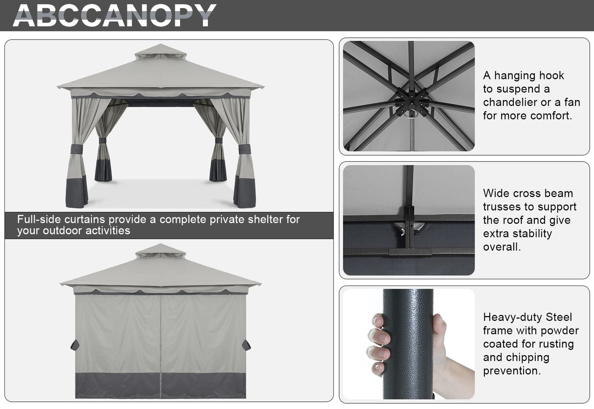 ABCCANOPY 8'x8' Outdoor Gazebo, Double Roof Patio Gazebo with and Shade Curtains, Light Gray ABCCANOPY
