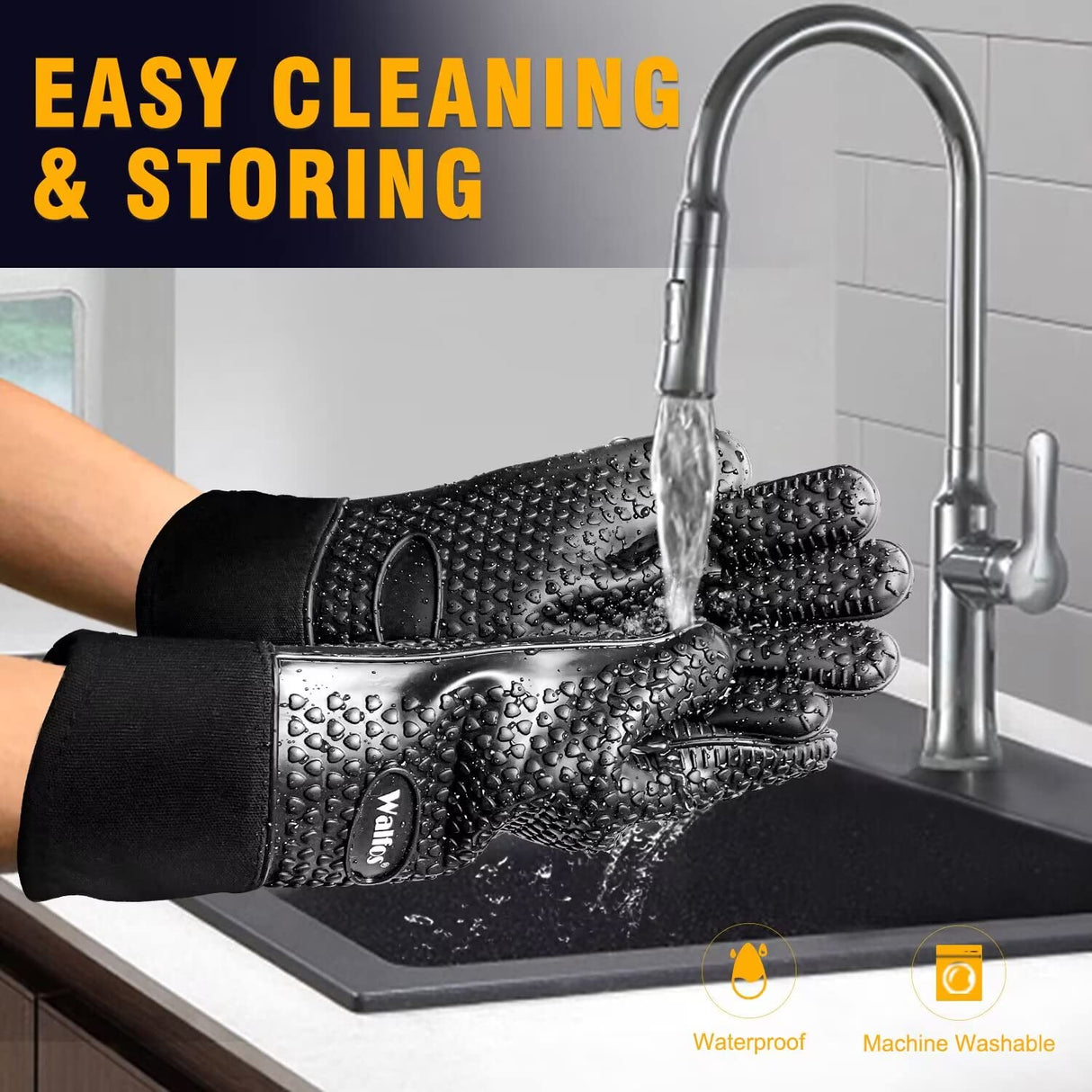 Walfos Silicone BBQ Gloves - Heat Resistant Grilling Gloves, Premium Non-Slip Kitchen Silicone Oven Mitt With Protective Cotton Layer Inside, Waterproof, Great for Grilling, Kitchen and Cooking, Black Walfos