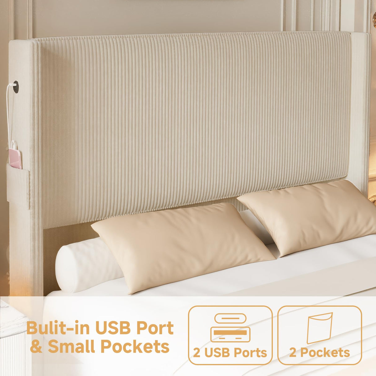 VINTLJUS King Size Bed Frame and Headboard, Upholstered King Bed Frame with Tall Wingback Headboard & Footboard, USB Ports, Easy Assembly, Beige VINTLJUS