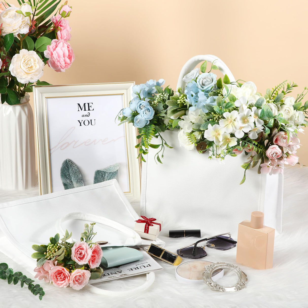 Aliceset 6 Pcs White Blank Sublimation Polyester Tote Bags with Handles Reusable Waterproof Shopping Grocery Bag Personalizing DIY Gift Bag for Wedding Valentine's Day DIY Craft, 12 x 10 x 4 Inch Aliceset