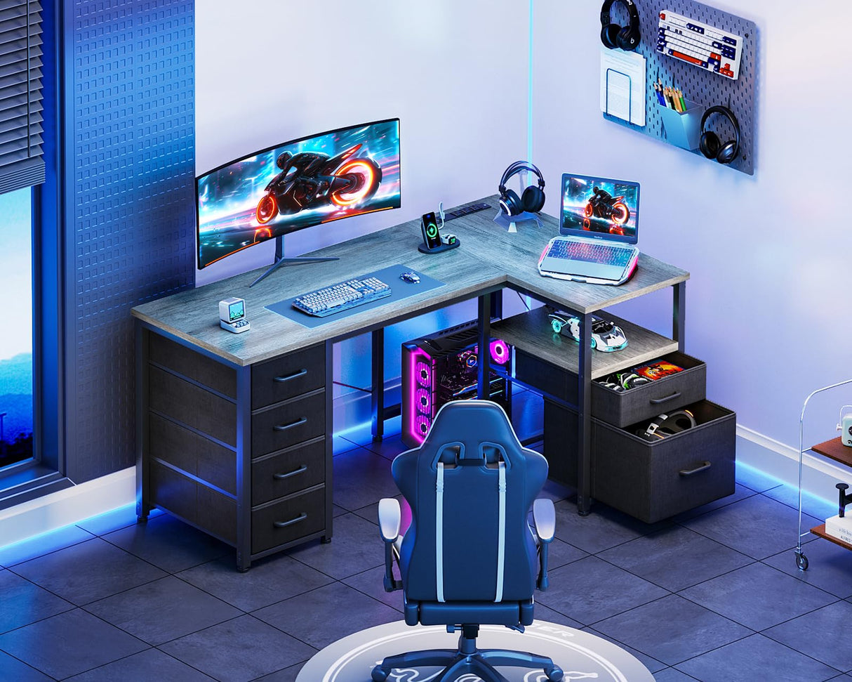 Coleshome L Shaped Computer Desk with 6 Drawers & Power Outlet, 55 Inch Corner Desk with Reversible Storage Shelf & File Drawer, Home Office Desk, Grey Oak Coleshome