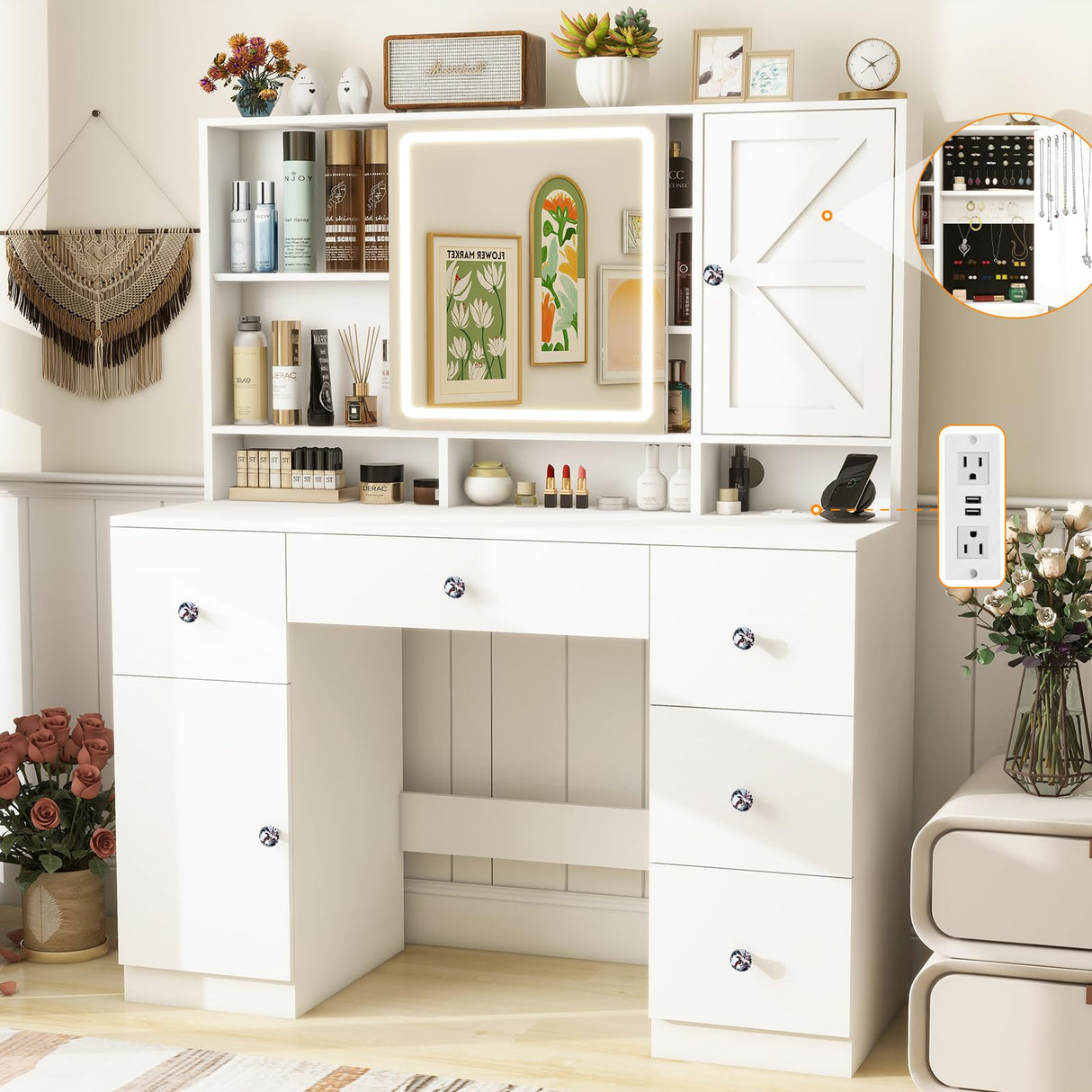 vomavex 45" Makeup Vanity Desk with Sliding Lighted Mirror & Power Outlet, Big Vanity with 5 Drawers, Storage Shelves, 3 Cubbies, 2 Cabinets for Women, Dressing Table for Bedroom, Bathroom, White vomavex
