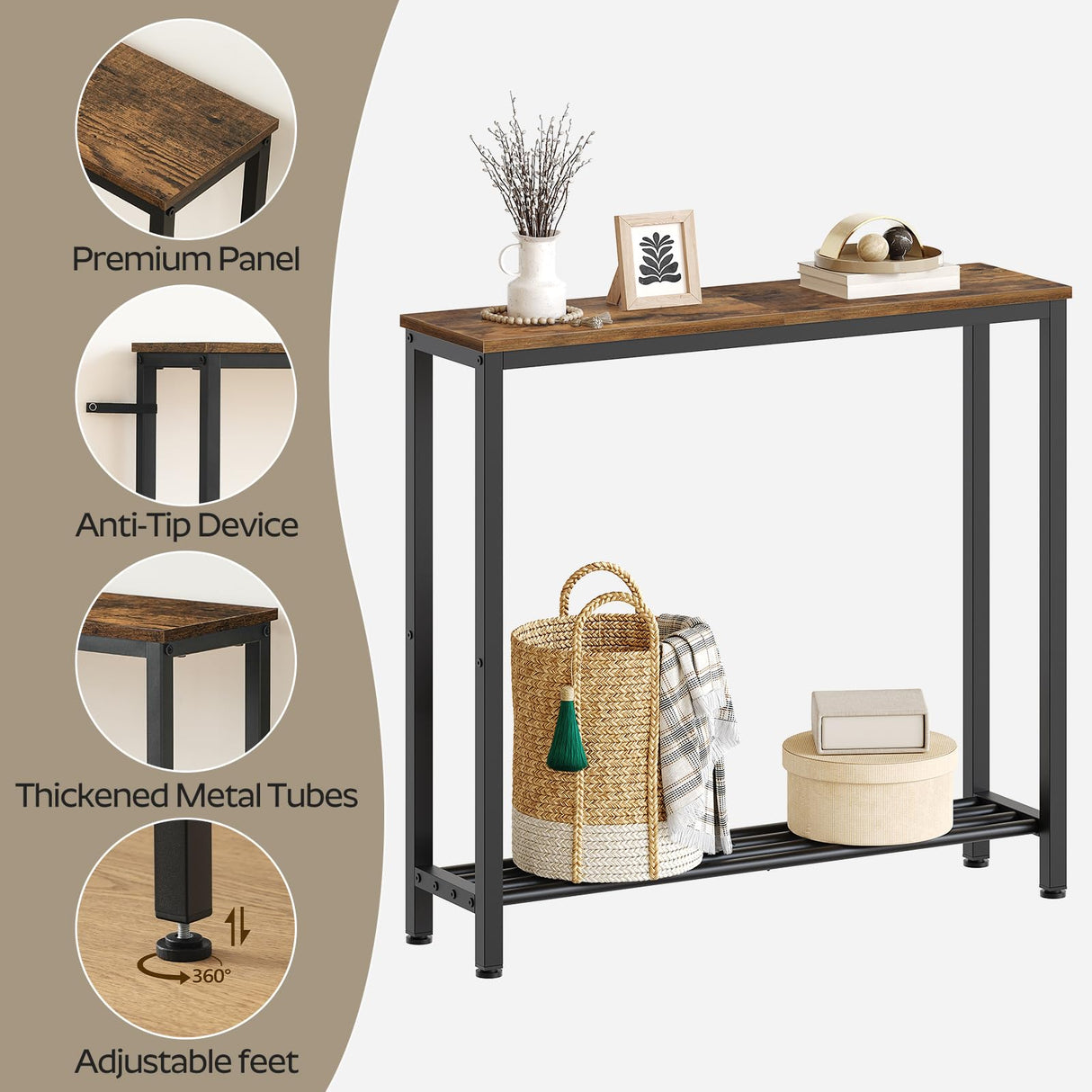 YATINEY Narrow Console Table, 2-Tier Small Sofa Table, 29.5" Thin Entryway Table, Behind Couch Table with Shelves, Industrial Hallway Table, for Living Room, Foyer, Rustic Brown and Black CT03BR YATINEY