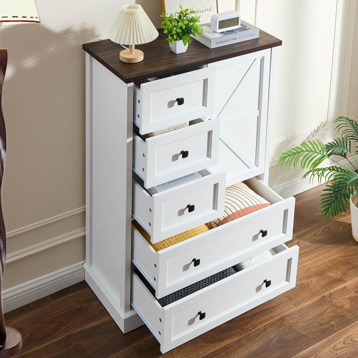 SOOWERY Dresser for Bedroom, Farmhouse Dresser with 5 Wooden Drawers and Storage Cabinet, 48 Inches Tall Chest of Drawers for Bedroom, Living Room, Hallway, White SOOWERY