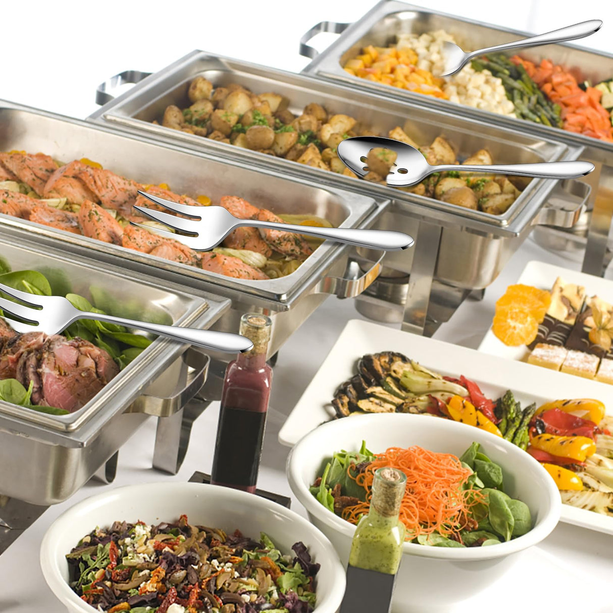 Stainless Steel Serving Forks, E-far 4-Piece Metal Hostess Serving Utensils Set for Meat Catering Buffet Party Kitchen Restaurant, Non-toxic & Dishwasher Safe E-far