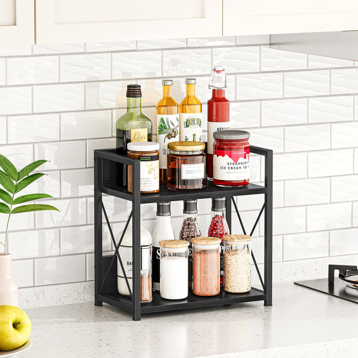 Giikin Countertop Organizer, 2 Tier Coffee Station Organizer for Desktop, Wood Counter Shelf Spice Rack for Kitchen (Black, M) Giikin