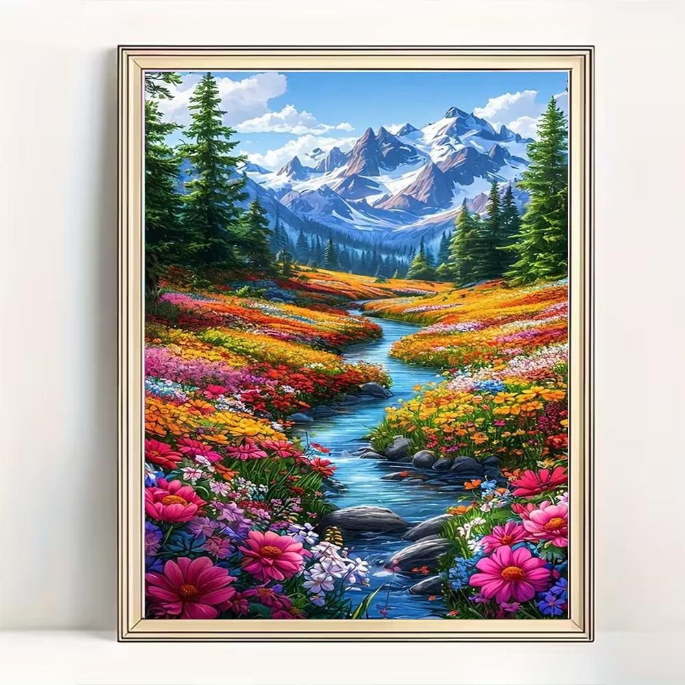 BOHADIY 5D Diamond Art Painting Kits for Adults, Snowy Mountain Art Kits for Beginner,DIY River Flower Full Round Gem Crystal Art Paint by Diamond Home Wall Decor12X16inch BOHADIY