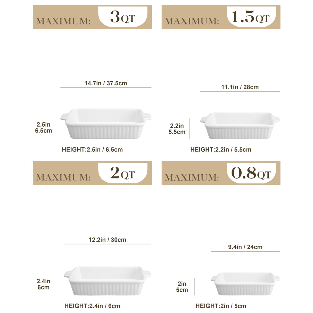 MALACASA Casserole Dishes for Oven, Porcelain Baking Dishes, Ceramic Bakeware Sets of 4, Rectangular Lasagna Pans Deep with Handles for Baking Cake Kitchen, White (9.4"/11.1"/12.2"/14.7"), Series MALACASA