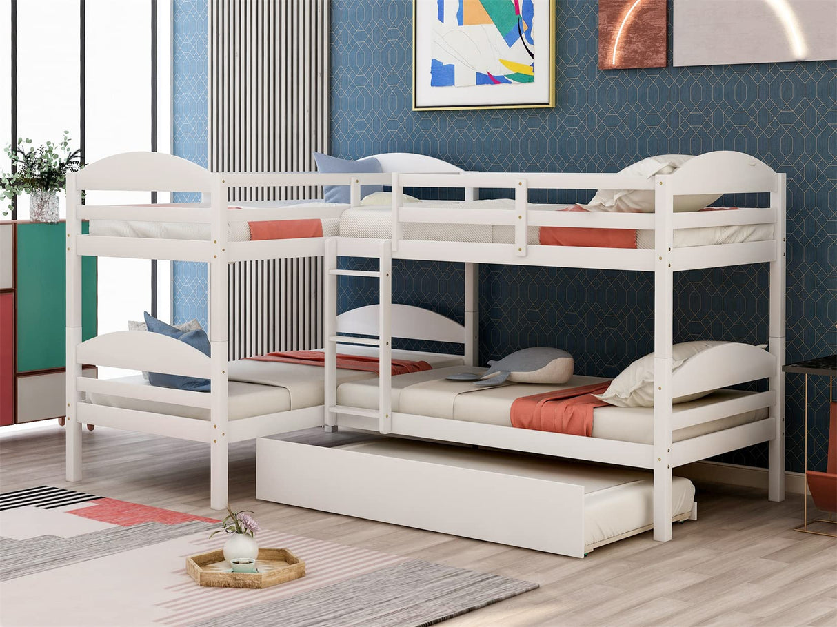 Bellemave Quad Bunk Bed with Trundle L-Shape Bunk Bed Twin Over Twin Corner Bunk Bed for 4 or 5 Kids Boys Girls Teens, White Bellemave