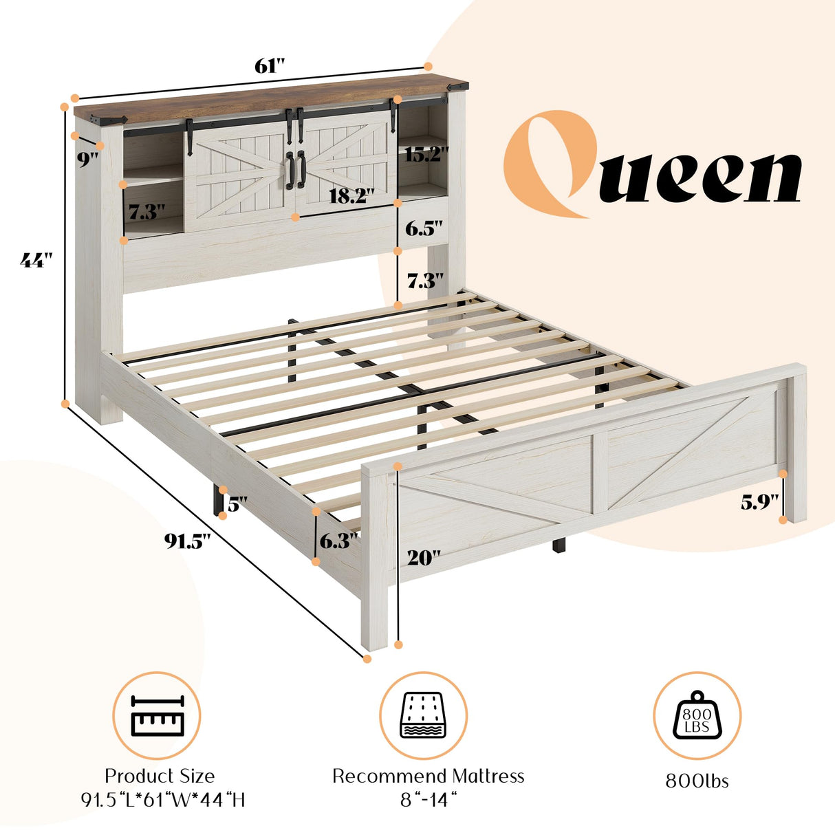 AMERLIFE Farmhouse Queen Bed Frame with Storage Headboard & Charging Station, Rustic Wood Platform Bed with Barn Door Bookcase, No Box Spring Needed, Antique White Bedroom Furniture AMERLIFE