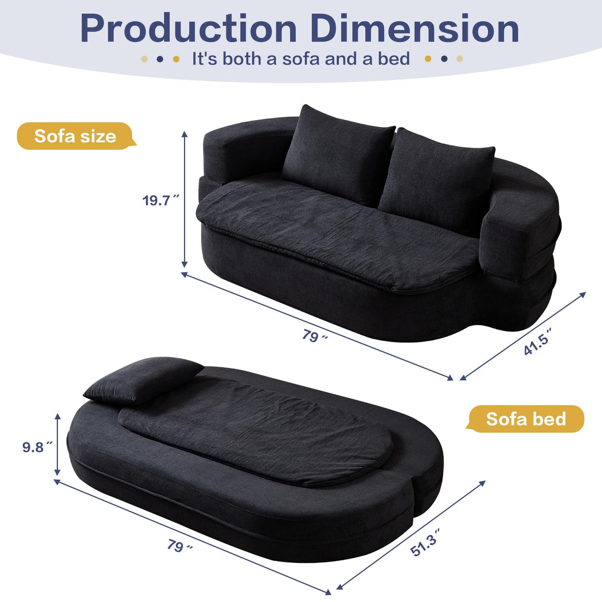 79" Convertible Folding Sofa Bed, Loveseat Sleeper Sofa Couch for Small Spaces, Foldable Cloud Couch with Pillow & Blanket, Comfy Modern Lounge Chair Bed for Living Room & Bedroom (Black) UKMTUET