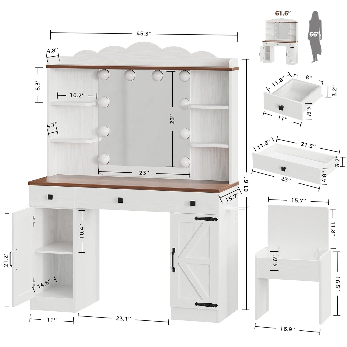 IRONCK Vanity Desk with Mirror and Lights, Farmhouse Makeup Vanity with Charging Station & Vanity Stool, Vanity Table with 3 Large Drawers and 2 Cabinets for Women Girls Bedroom, White IRONCK