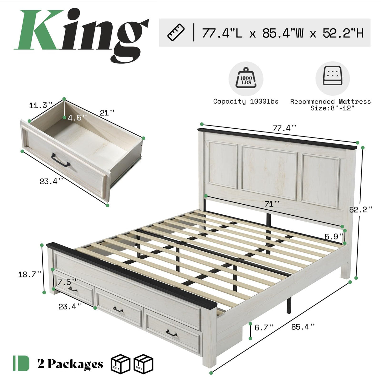 AMERLIFE King Size Bed Frame with 52.2" Tall -Panel Headboard & Footboard, Farmhouse Wood Platform Bed Frame with 3 Large Storage Drawers, Noiseless, No Box Spring Needed, Rustic White AMERLIFE