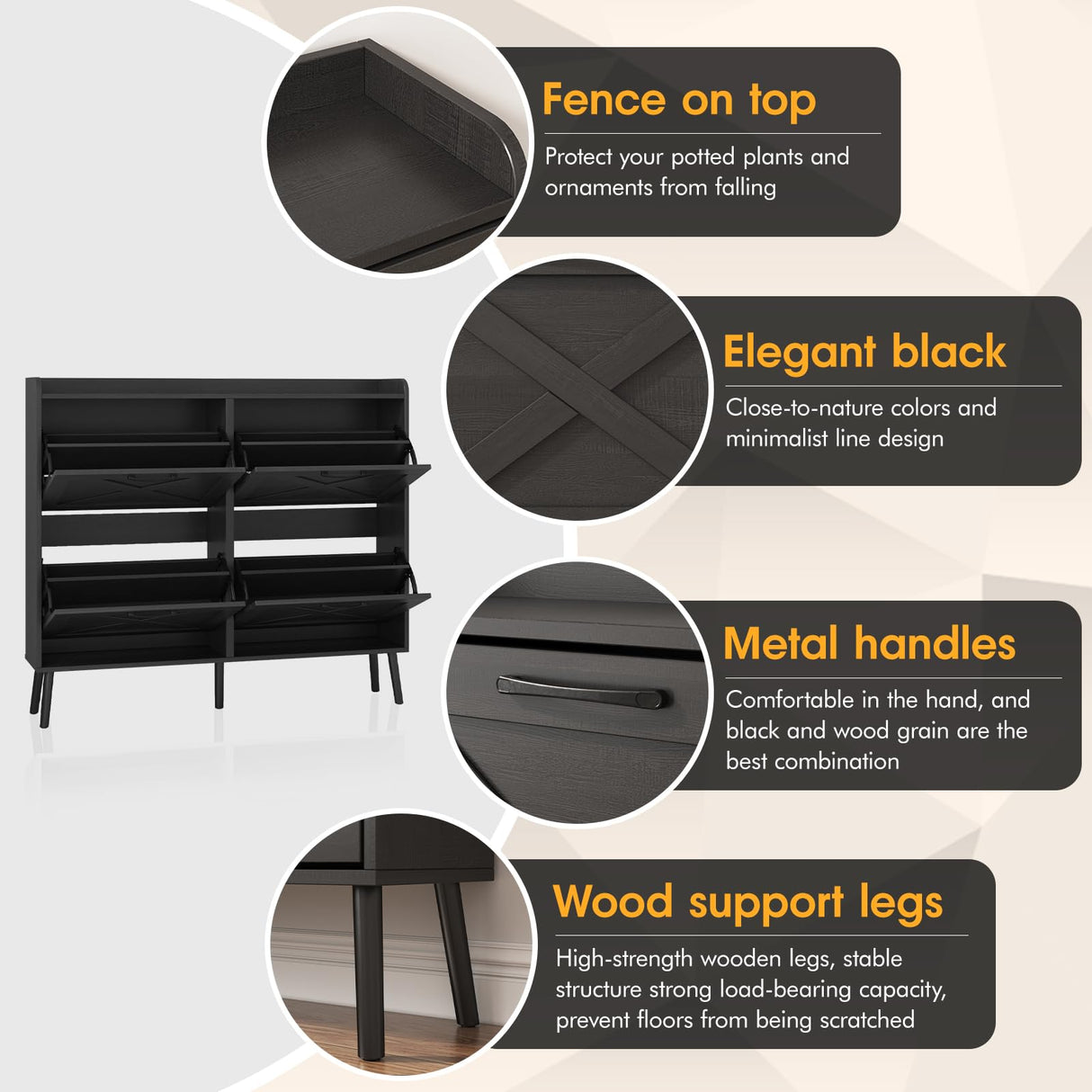 Maupvit Large Shoe Storage Cabinet with 4 Flip Drawers, Narrow Shoe Cabinet for Entryway with Wooden Legs, Freestanding Hidden Shoe Rack Organizer & Metal Hinges, Black Maupvit