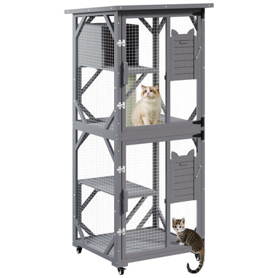 LEMBERI 71" Cat House Outdoor Catio Cat Enclosures on Wheels, Large Outside Patio Wooden Cat Cage Resting Box,Scratching Post, Waterproof Roof (Gray)