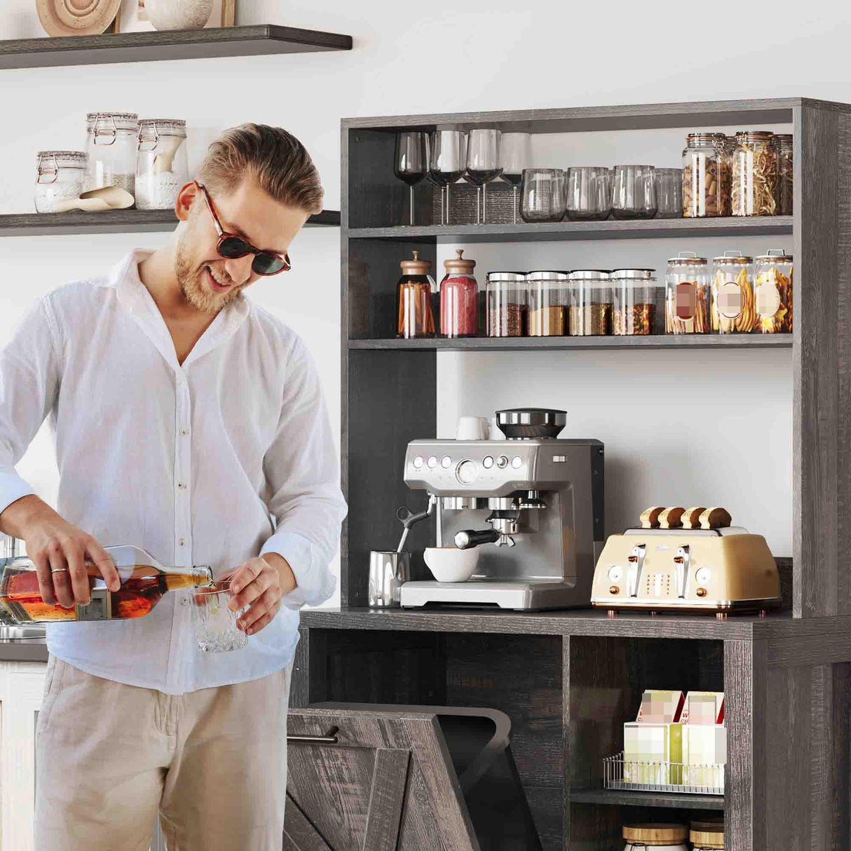 YITAHOME Bakers Rack Microwave Stand with Trash Can Storage Bin Cabinet and Power Outlet, 6-Tiers Farmhouse Kitchen Tall Thickened Coffee Bar Station with Adjustable Shelf (Rustic Oak) YITAHOME
