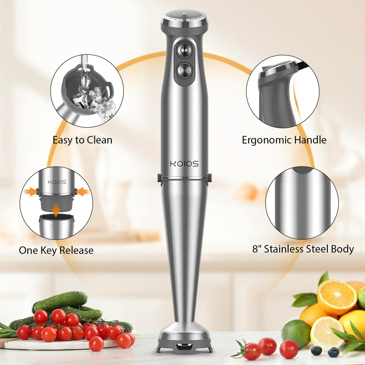 KOIOS Immersion Blender, 1000W Anti-scratch 3-in-1 Hand Blender, Upgraded 12 Speed Stainless Steel Blade Stick Blender with Turbo Mode, Whisk and Milk Frother, Non-BPA KOIOS