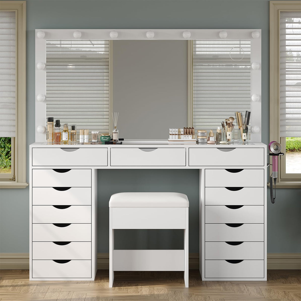 Yanosaku Vanity Desk with Mirror and Lights, Makeup Table with Charging Station, 3 Color Lighting Modes, 15 Drawers Dressing Table, Vanity with Chair for Bedroom, White Yanosaku