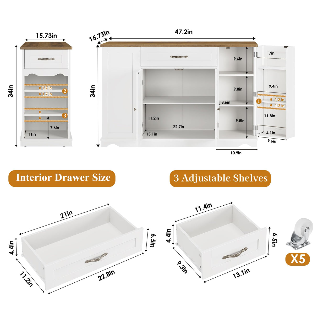 HOSTACK Kitchen Island Cart with Storage, 47'' Kitchen Storage Island on Wheels with 2 Drawers, Rolling Island Table with Adjustable Shelves, Mobile Buffet Sideboard Cabinet for Dining Room, White HOSTACK