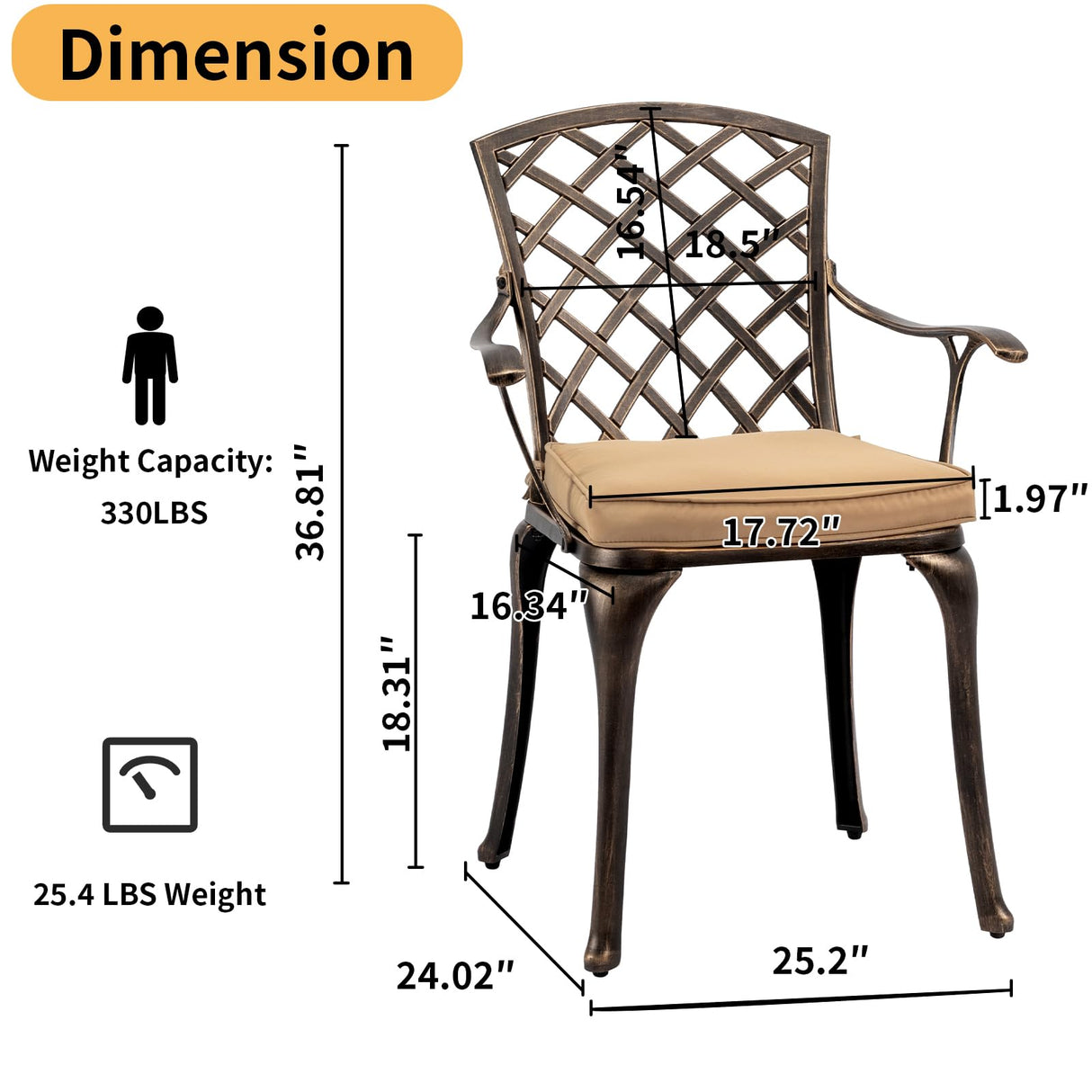 VINGLI 5-Piece Outdoor Patio Dining Set, Cast Aluminum All-Weather Outdoor Table and Chairs w/Cushion, Outdoor Furniture Set w/Umbrella Hole for Backyard Deck Poolside (Square, Grid Back) VINGLI