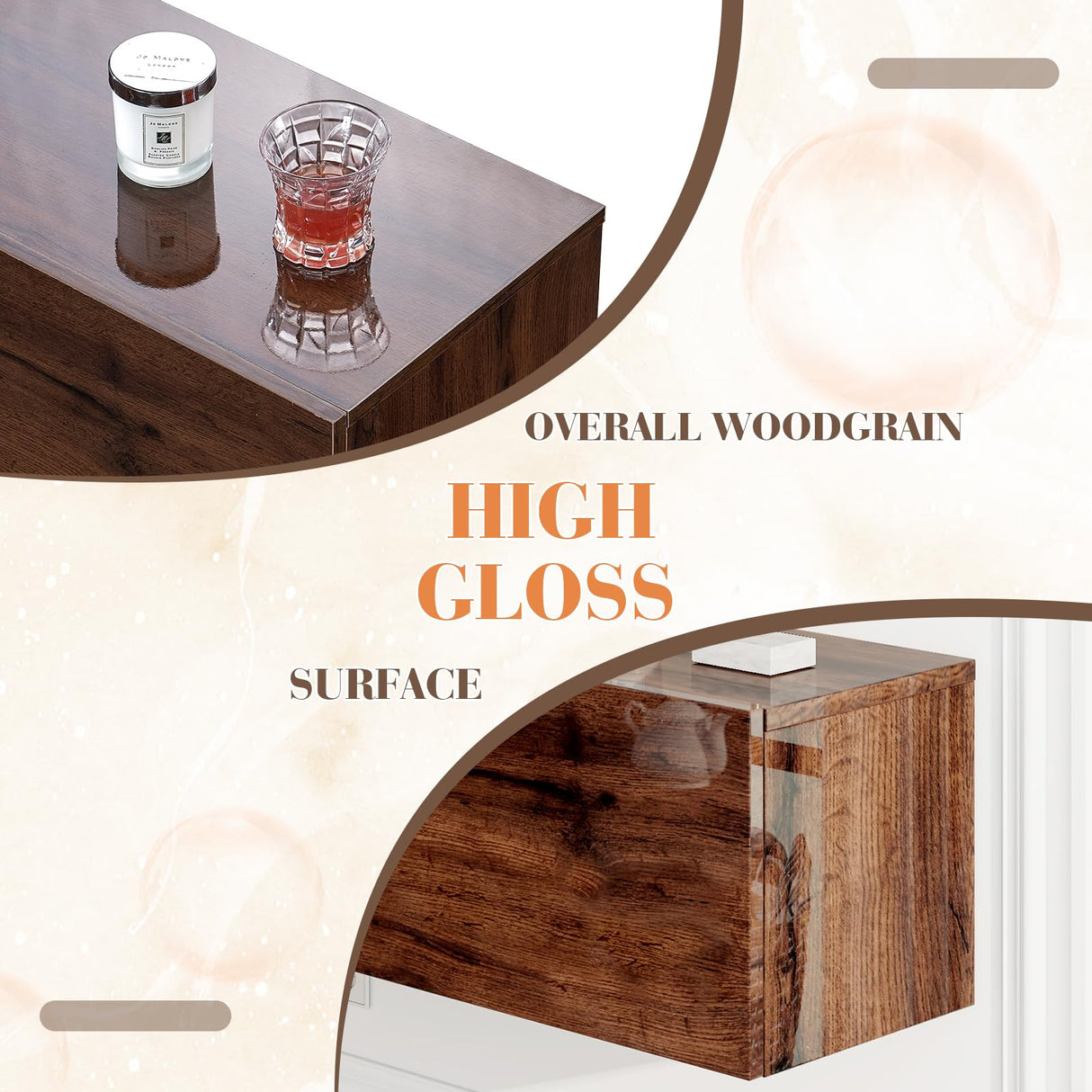 LUXOAK 70" Wall Mounted High Gloss Floating TV Stand with LED Lights & Charging Station,Media Entertainment Center for TVs Up to 80", Modern Woodgrain Floating TV Console for Living Room, Espresso LUXOAK