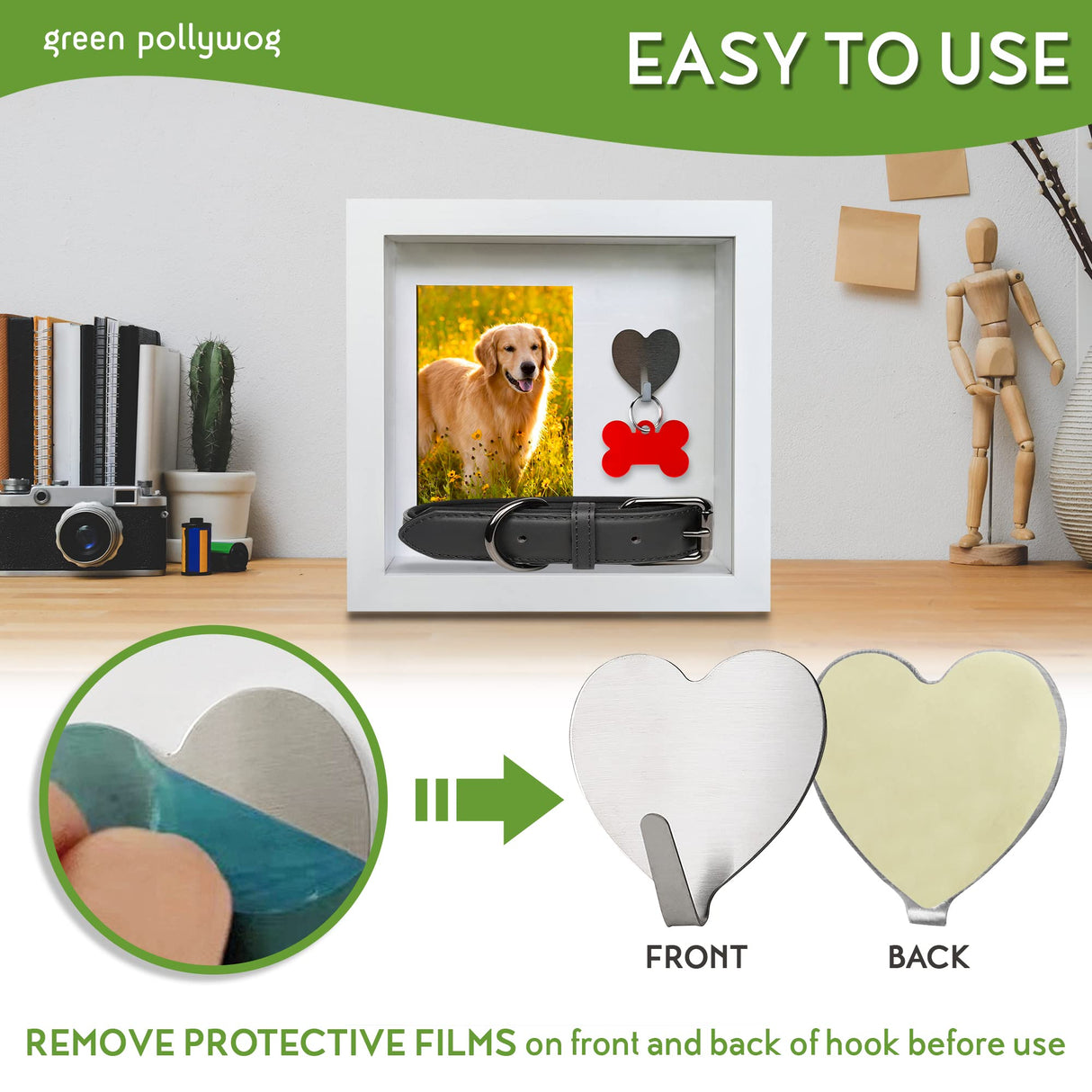 Green Pollywog Pet Memorial Shadowbox with Photo, Tag & Collar Display | White Frame with 4” x 6” Picture Opening | 10” x 10” x 2.5” Keepsake Box Green Pollywog