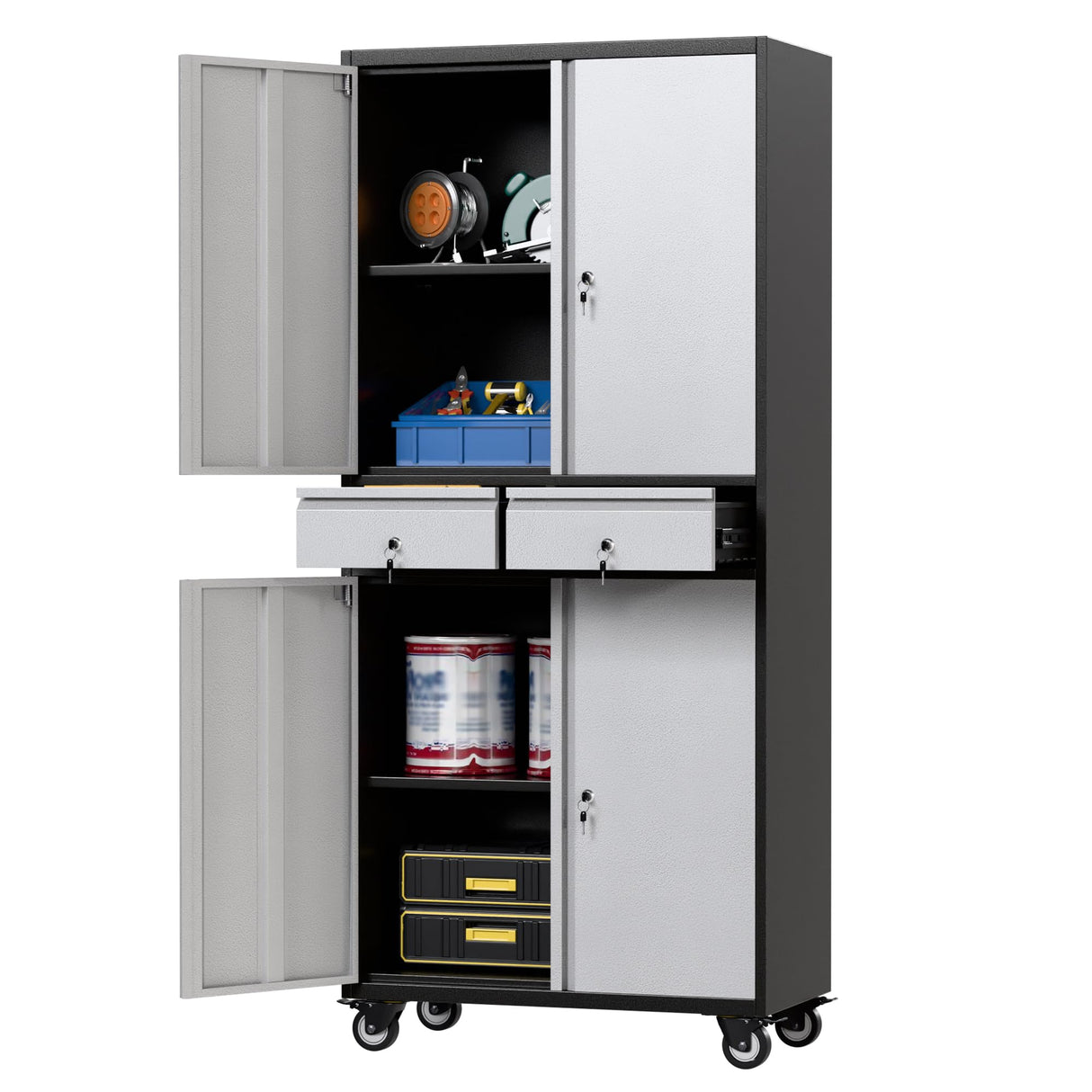 SUXXAN 71" Tall Metal Garage Storage Cabinet with 4 Wheels and 2 Drawer, Rolling Tool Storage Cabinet with Locking Doors and Adjustable Shelves,Heavy Duty Steel Tool Cabinet for Garage, Warehouse SUXXAN