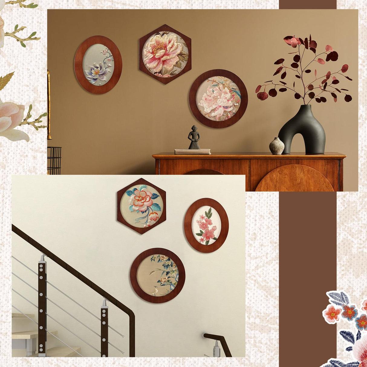 Vercraft 3 Set Embroidery Hoop Frame 8 Inch Decorative Wood Embroidery Frame with 8 Inch Cross Stitch Hoop for Display Finished DIY Art Craft Hanging Sewing Ornaments, Round, Hexagon, Oval Vercraft