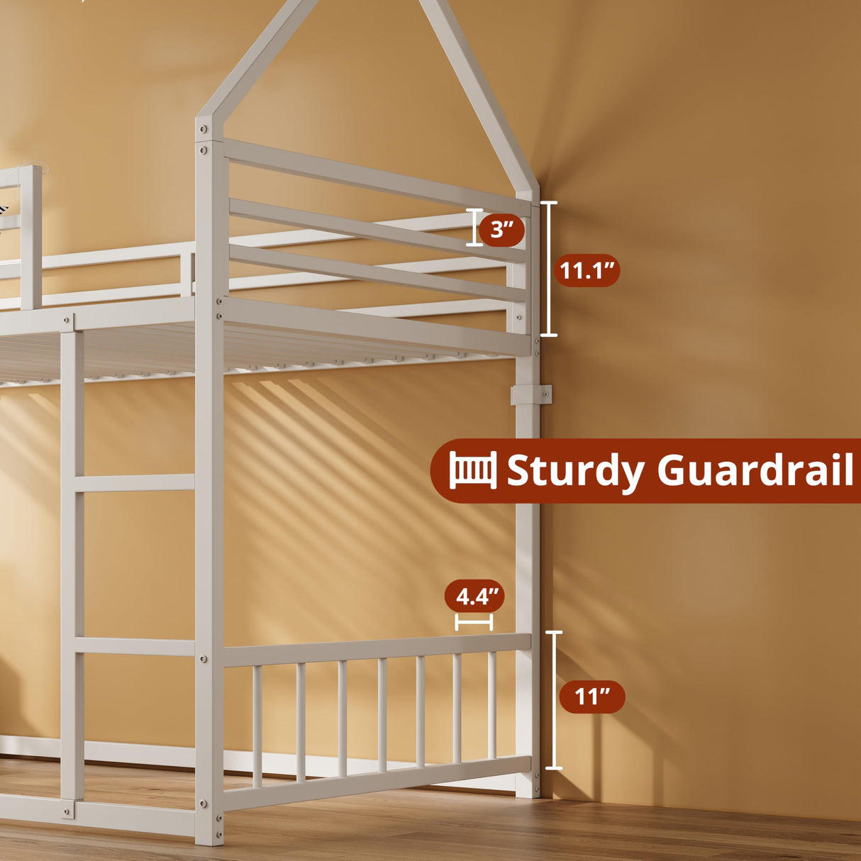 LIKIMIO Bunk Bed Twin XL Over Twin XL, Metal Bunk Bed Frame with Ladder and Guardrail, House Shaped with Metal Slats for Dormitory and Bedroom, Space Saving, No Box Spring Needed, White LIKIMIO